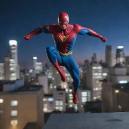 Anime style, dynamic superhero leaping towards the camera from a city rooftop at night. Low angle, emphasizing heroism. Dramatic lighting with a focus on sharp, clean lines and vibrant colors.