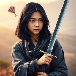 A realistic portrait of a young woman with mid-sized black hair, confidently holding a beautifully crafted sword