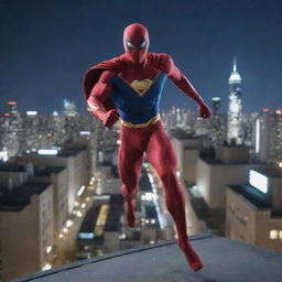 Anime style, dynamic superhero leaping towards the camera from a city rooftop at night. Low angle, emphasizing heroism. Dramatic lighting with a focus on sharp, clean lines and vibrant colors.