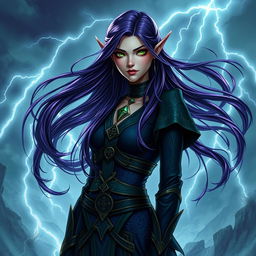 A noble female high elf storm sorcerer with long dark purple hair cascading elegantly down her back