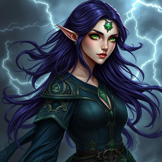 A noble female high elf storm sorcerer with long dark purple hair cascading elegantly down her back