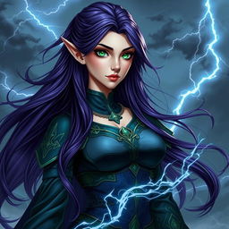 A noble female high elf storm sorcerer with long dark purple hair cascading elegantly down her back