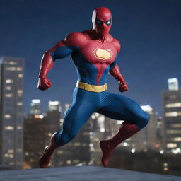 Anime style, dynamic superhero leaping towards the camera from a city rooftop at night. Low angle, emphasizing heroism. Dramatic lighting with a focus on sharp, clean lines and vibrant colors.