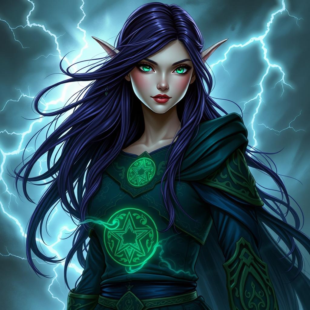 A noble female high elf storm sorcerer with long dark purple hair cascading elegantly down her back