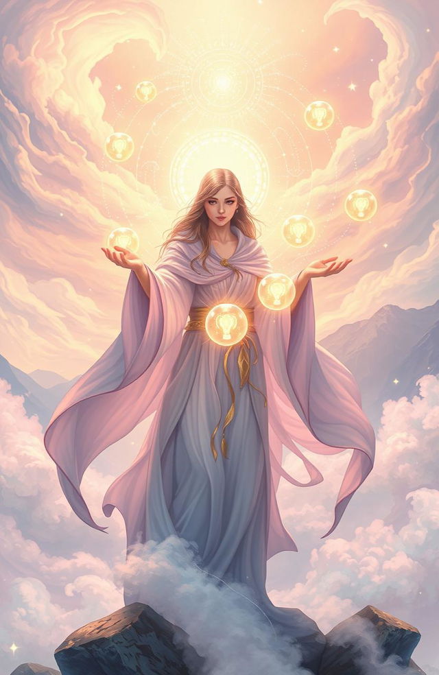 An ethereal fantasy scene depicting the concept of persuasion, featuring a magical figure with flowing robes, surrounded by glowing orbs representing ideas and thoughts