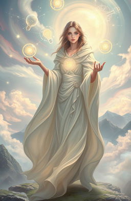 An ethereal fantasy scene depicting the concept of persuasion, featuring a magical figure with flowing robes, surrounded by glowing orbs representing ideas and thoughts