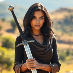 A realistic portrait of a Middle Eastern woman with mid-sized black hair, confidently holding a beautifully crafted sword as a symbol of her strength to face life’s challenges