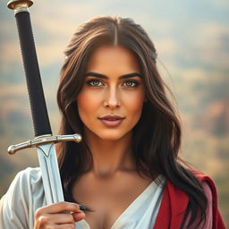 A realistic portrait of a Middle Eastern woman with mid-sized black hair, confidently holding a beautifully crafted sword as a symbol of her strength to face life’s challenges