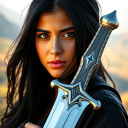 A realistic portrait of a Middle Eastern woman with mid-sized black hair, confidently holding a beautifully crafted sword as a symbol of her strength to face life’s challenges