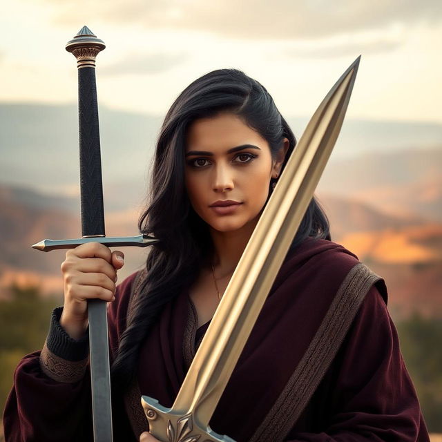 A realistic portrait of a Middle Eastern woman with mid-sized black hair, confidently holding a beautifully crafted sword as a symbol of her strength to face life’s challenges