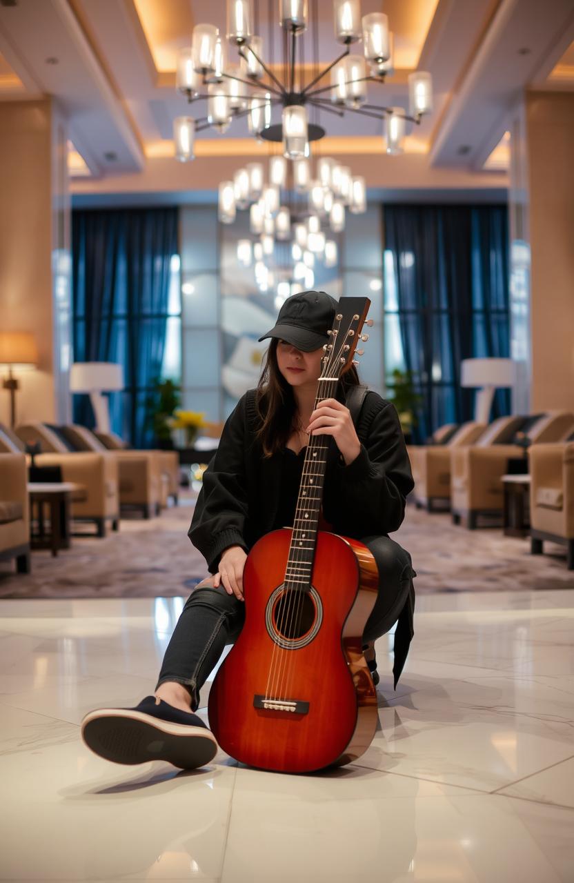 A young woman wearing black jeans, a black shimari jacket, and a black cap is sitting in the center of a luxurious hotel lounge