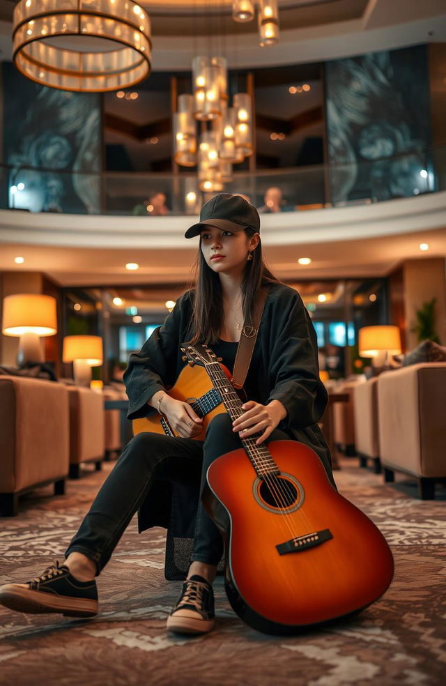 A young woman wearing black jeans, a black shimari jacket, and a black cap is sitting in the center of a luxurious hotel lounge