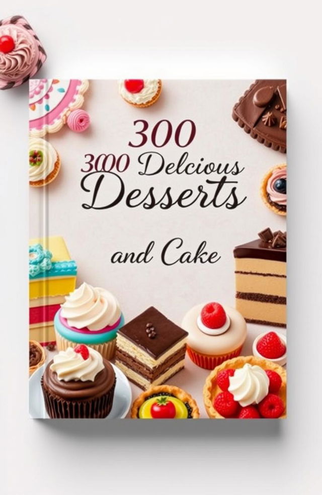 A vibrant and enticing book cover design for a cookbook titled '300 Delicious Desserts and Cakes'