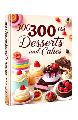 A vibrant and enticing book cover design for a cookbook titled '300 Delicious Desserts and Cakes'