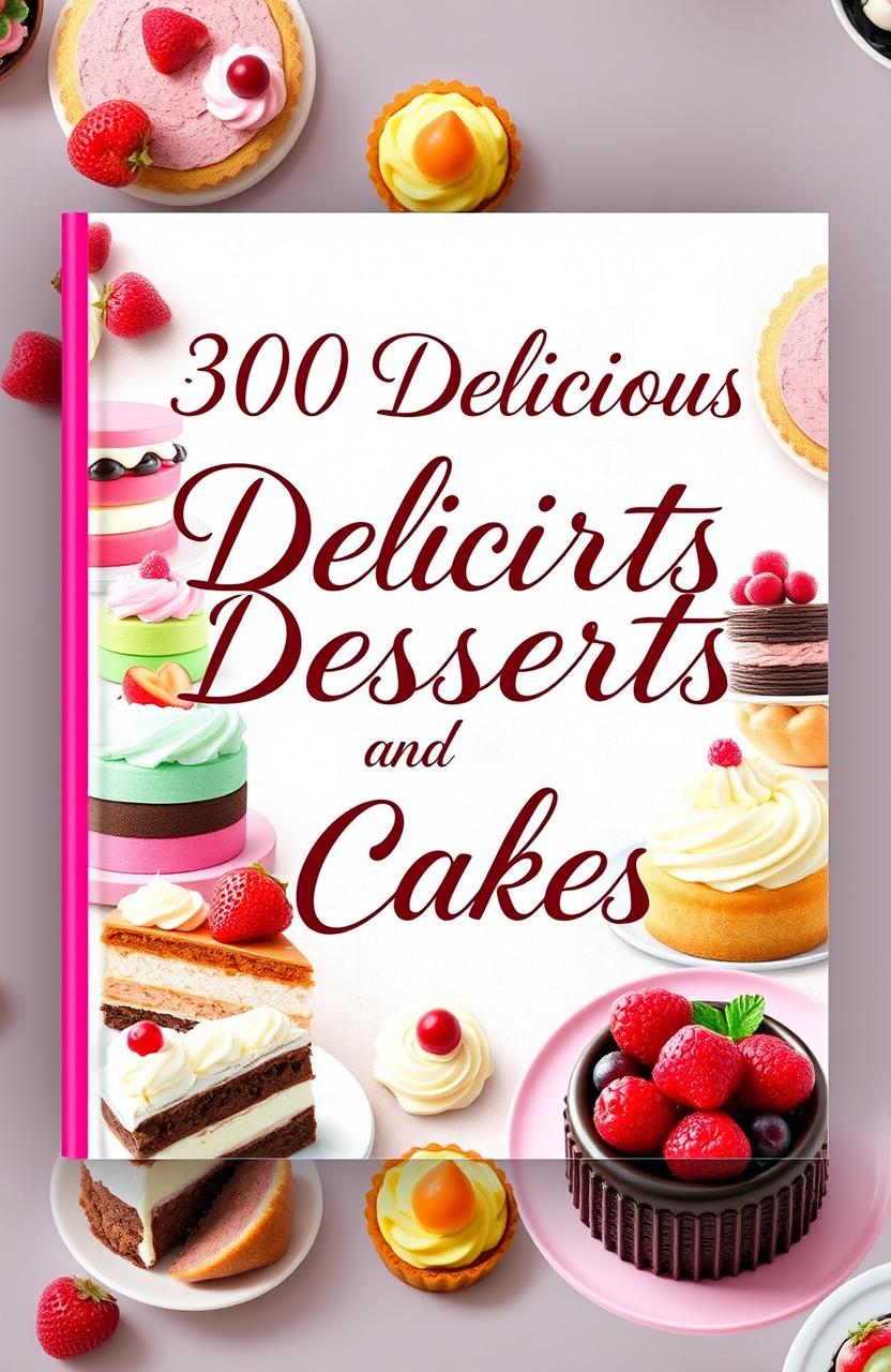 A vibrant and enticing book cover design for a cookbook titled '300 Delicious Desserts and Cakes'