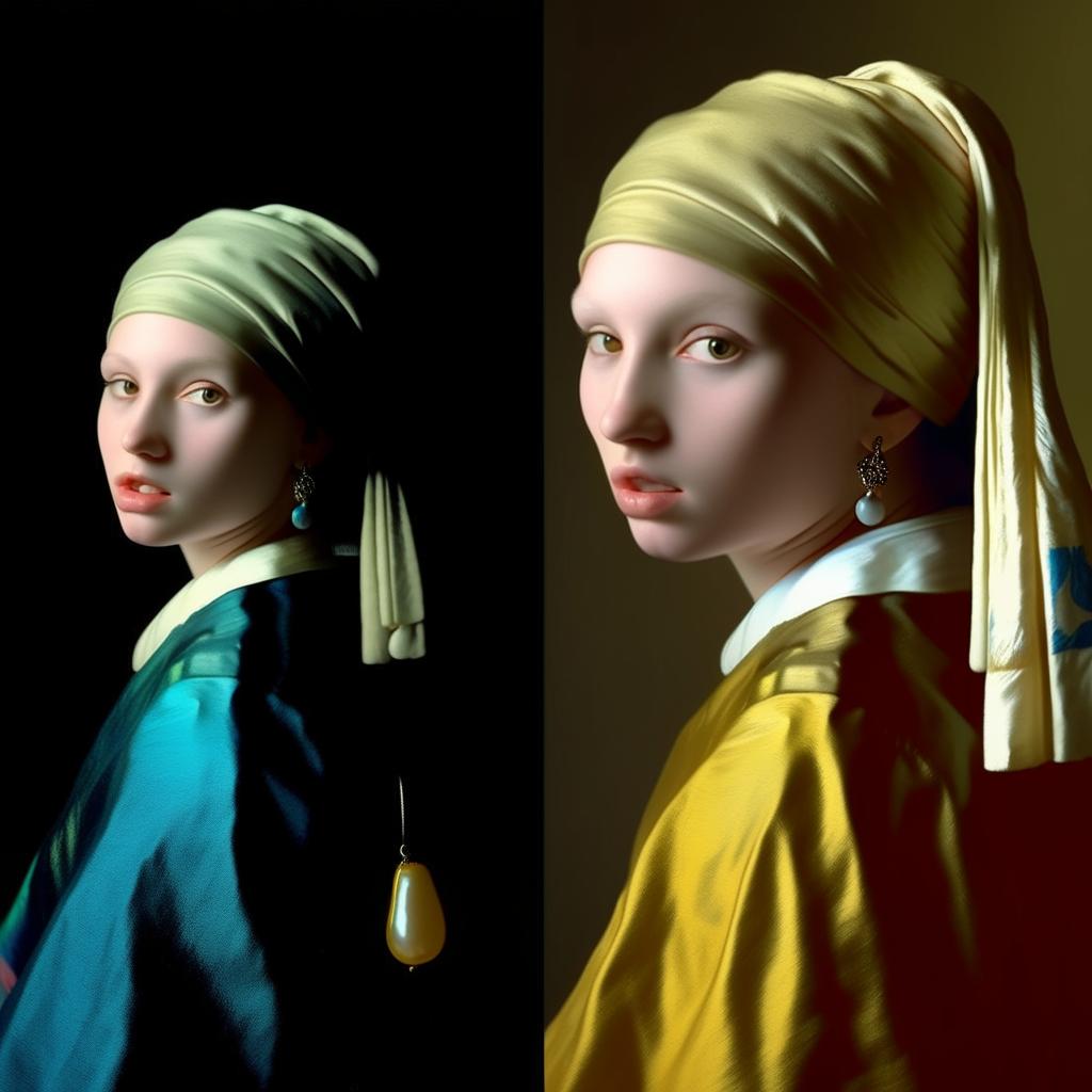 A reimagination of Vermeer's 'Girl with a Pearl Earring', featuring Donald Trump instead as the subject. Echo the solemnity, colors, and lighting of the original masterpiece, devoid of political interpretation.