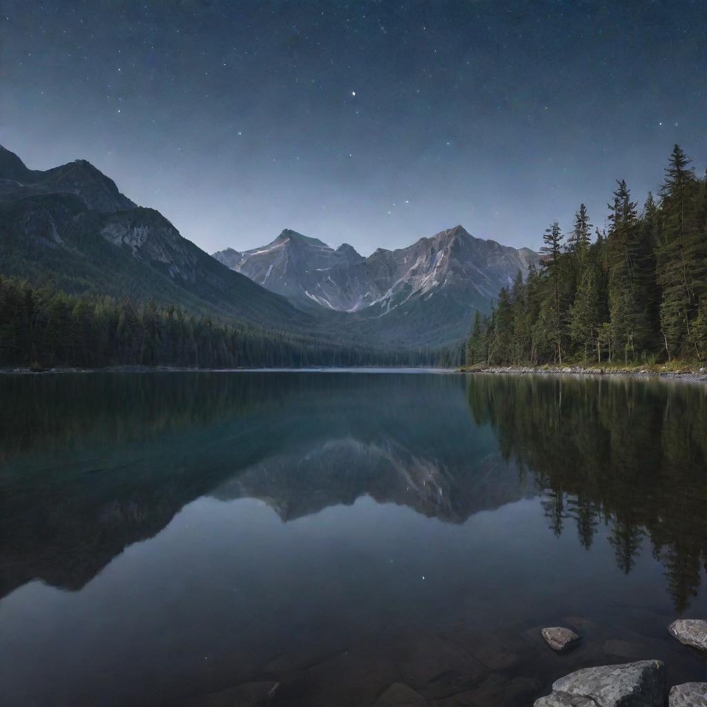 A serene moonlit landscape, with a crystal clear lake reflecting the surrounding mountains and forest under a star-flooded sky.