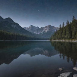 A serene moonlit landscape, with a crystal clear lake reflecting the surrounding mountains and forest under a star-flooded sky.