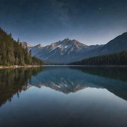 A serene moonlit landscape, with a crystal clear lake reflecting the surrounding mountains and forest under a star-flooded sky.