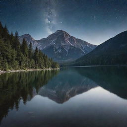 A serene moonlit landscape, with a crystal clear lake reflecting the surrounding mountains and forest under a star-flooded sky.