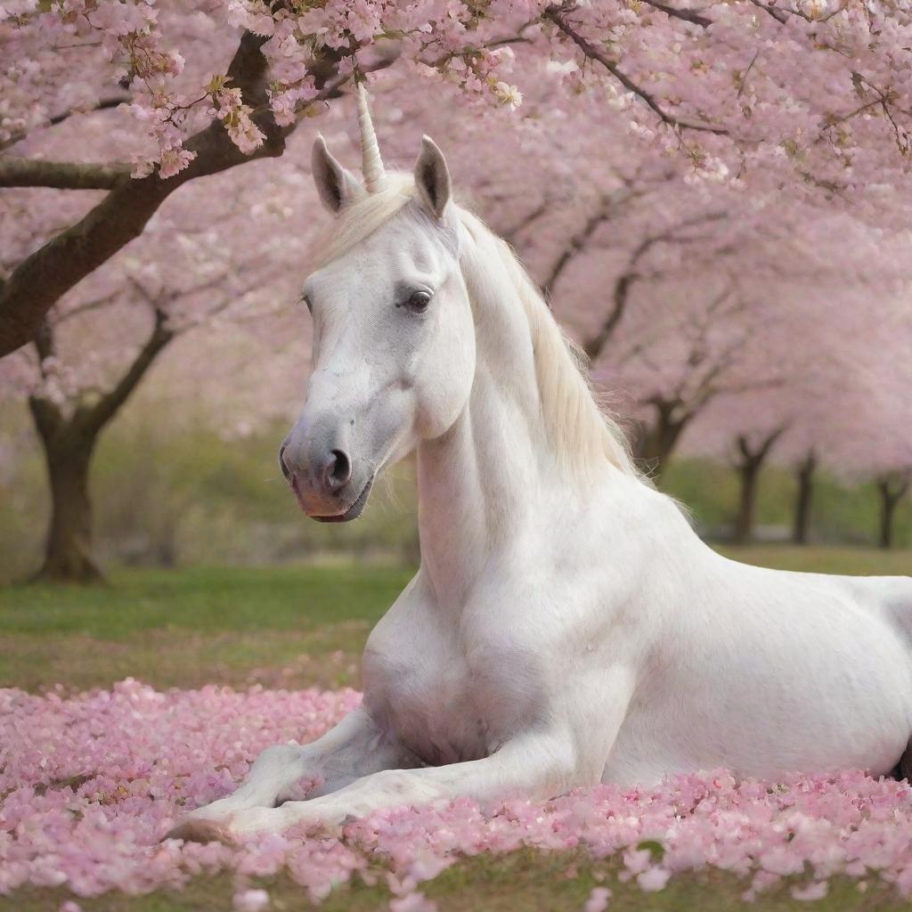 A majestic unicorn resting under a blossom-filled cherry tree shaken by a gentle spring breeze, creating a shower of petals.