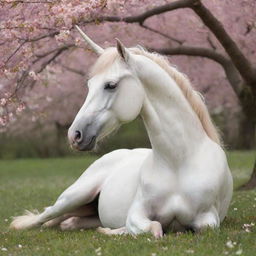 A majestic unicorn resting under a blossom-filled cherry tree shaken by a gentle spring breeze, creating a shower of petals.