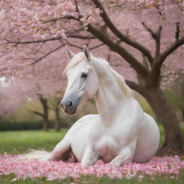 A majestic unicorn resting under a blossom-filled cherry tree shaken by a gentle spring breeze, creating a shower of petals.