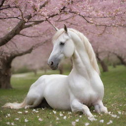 A majestic unicorn resting under a blossom-filled cherry tree shaken by a gentle spring breeze, creating a shower of petals.