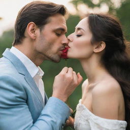 A romantic scene of a man holding a beautiful flower in his hand, gently bending down to kiss a woman