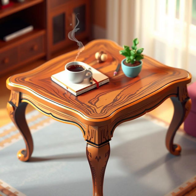 A pixel art depiction of an intricately designed table, showcasing an array of vibrant colors and textures