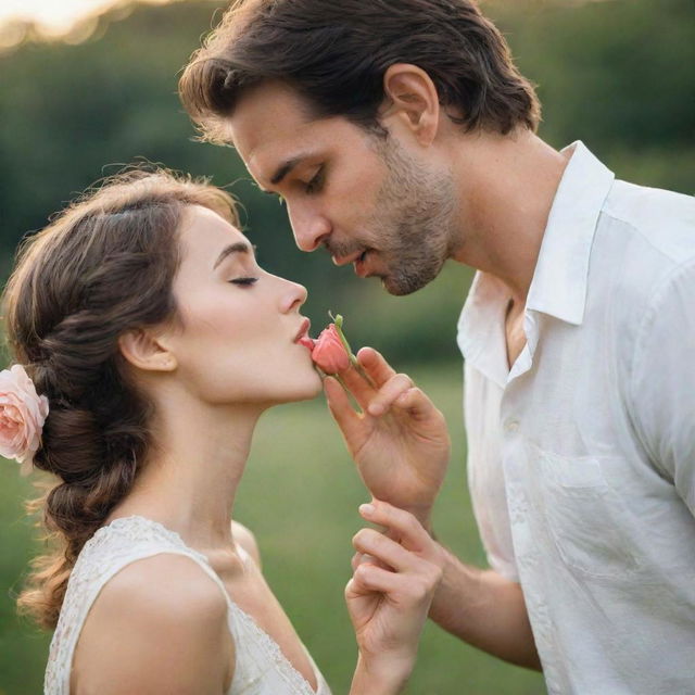 A romantic scene of a man holding a beautiful flower in his hand, gently bending down to kiss a woman