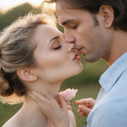 A romantic scene of a man holding a beautiful flower in his hand, gently bending down to kiss a woman