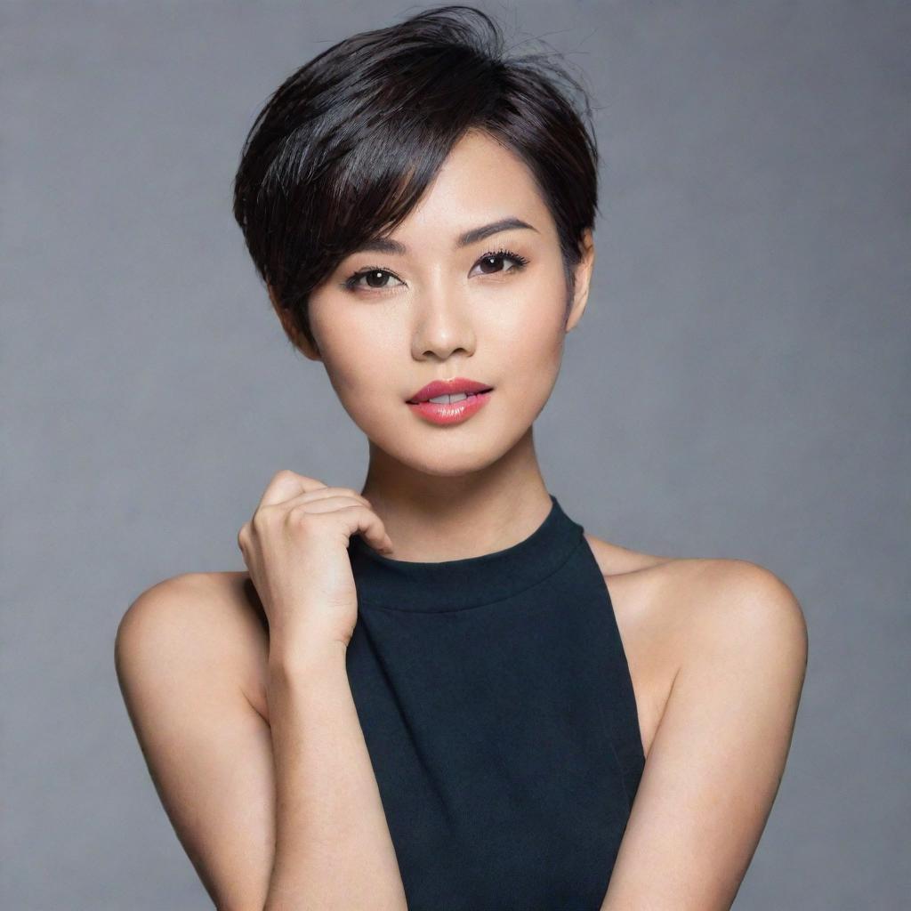 A beautiful Asian woman model with short hair, striking a confident pose.