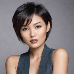 A beautiful Asian woman model with short hair, striking a confident pose.