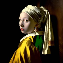 A reimagination of Vermeer's 'Girl with a Pearl Earring', featuring Donald Trump instead as the subject. Echo the solemnity, colors, and lighting of the original masterpiece, devoid of political interpretation.