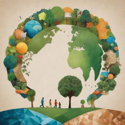 Generate an abstract, stylized Earth with geometric shapes and diverse landscapes, extending organic shapes outward that morph into trees, animals, and human figures, symbolizing interconnectedness. Add a collage-style backdrop of natural elements and people from different backgrounds engaging in eco-friendly activities for a global unity theme.