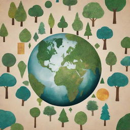 Generate an abstract, stylized Earth with geometric shapes and diverse landscapes, extending organic shapes outward that morph into trees, animals, and human figures, symbolizing interconnectedness. Add a collage-style backdrop of natural elements and people from different backgrounds engaging in eco-friendly activities for a global unity theme.