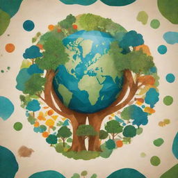 Generate an abstract, stylized Earth with geometric shapes and diverse landscapes, extending organic shapes outward that morph into trees, animals, and human figures, symbolizing interconnectedness. Add a collage-style backdrop of natural elements and people from different backgrounds engaging in eco-friendly activities for a global unity theme.