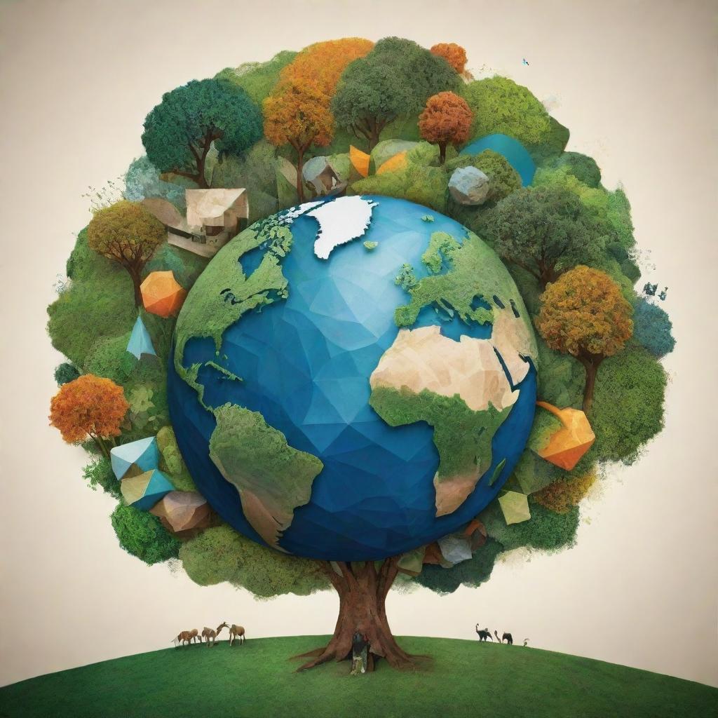 Generate an abstract, stylized Earth with geometric shapes and diverse landscapes, extending organic shapes outward that morph into trees, animals, and human figures, symbolizing interconnectedness. Add a collage-style backdrop of natural elements and people from different backgrounds engaging in eco-friendly activities for a global unity theme.