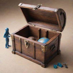 Generate a massive treasure chest with Planet Earth nestled inside. Position two figures on either side appearing to guard the precious planet.