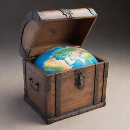 Generate a massive treasure chest with Planet Earth nestled inside. Position two figures on either side appearing to guard the precious planet.