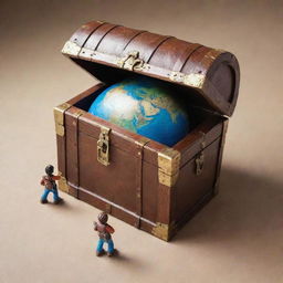 Generate a massive treasure chest with Planet Earth nestled inside. Position two figures on either side appearing to guard the precious planet.