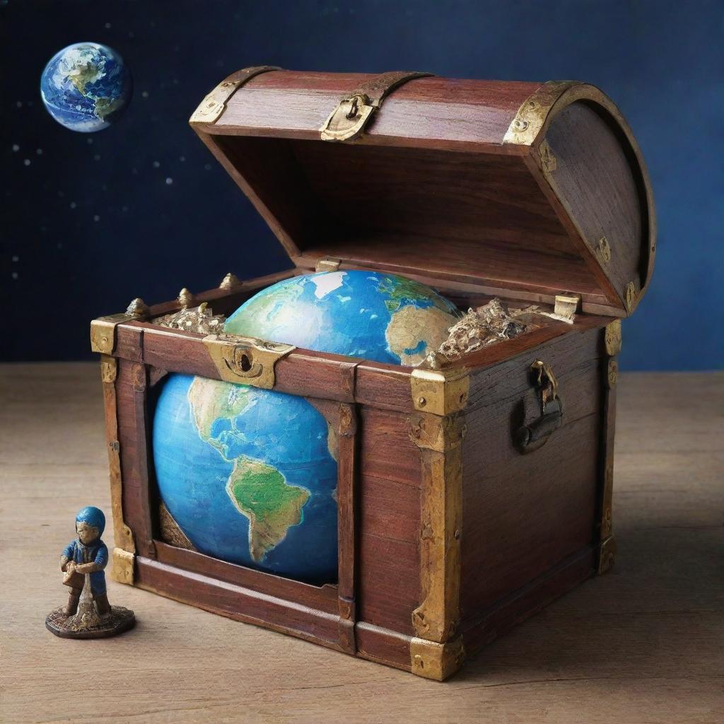 Generate a massive treasure chest with Planet Earth nestled inside. Position two figures on either side appearing to guard the precious planet.