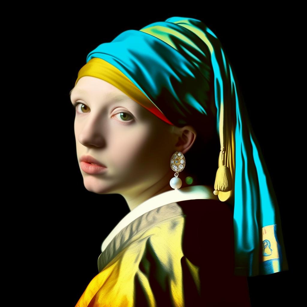 A reimagination of Vermeer's 'Girl with a Pearl Earring', featuring Donald Trump instead as the subject. Echo the solemnity, colors, and lighting of the original masterpiece, devoid of political interpretation.