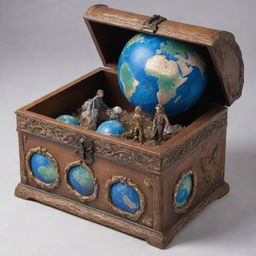 Depict a large, realistic treasure box with Planet Earth inside. Surround the box with two figures who appear to be safeguarding the planet contained within.