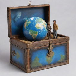 Depict a large, realistic treasure box with Planet Earth inside. Surround the box with two figures who appear to be safeguarding the planet contained within.