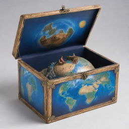 Depict a large, realistic treasure box with Planet Earth inside. Surround the box with two figures who appear to be safeguarding the planet contained within.