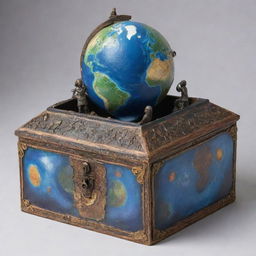 Depict a large, realistic treasure box with Planet Earth inside. Surround the box with two figures who appear to be safeguarding the planet contained within.