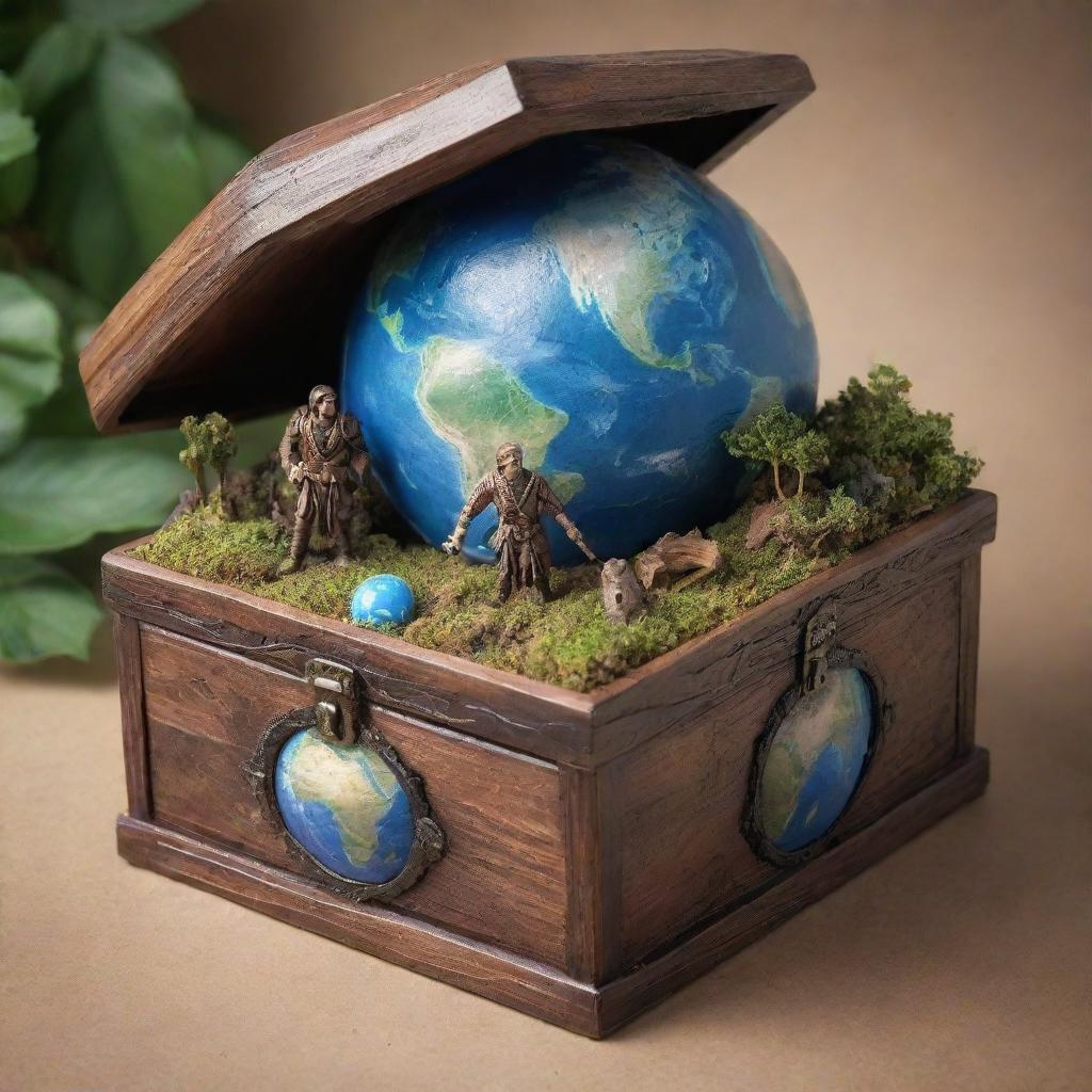 Create a detailed, realistic image of a large treasure box with Planet Earth inside, guarded by two figures. Incorporate a background with strong environmental themes to enhance the representation of nature's value.