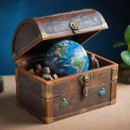 Create a detailed, realistic image of a large treasure box with Planet Earth inside, guarded by two figures. Incorporate a background with strong environmental themes to enhance the representation of nature's value.